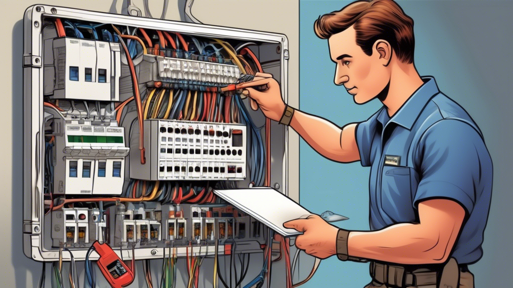 A detailed illustration of an electrician installing an electrical panel in a residential home. The scene shows organized tools, safety gear, and clear lab