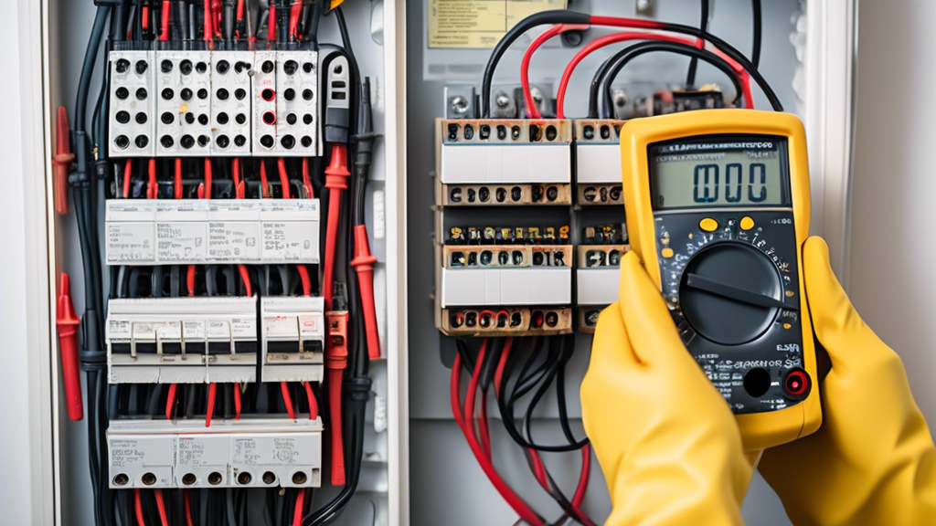 A homeowner carefully using a multimeter to check for electrical leakage near a circuit breaker panel in a modern, well-lit home. There are labeled cables,