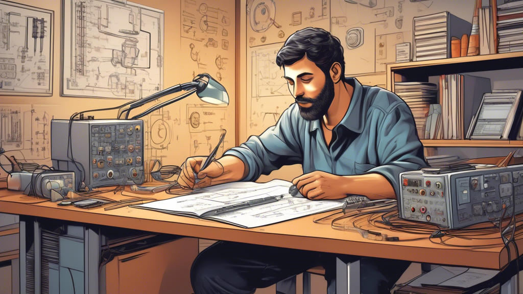 A detailed illustration of a person studying electrical engineering materials, surrounded by textbooks and diagrams, in an educational setting in Israel. T
